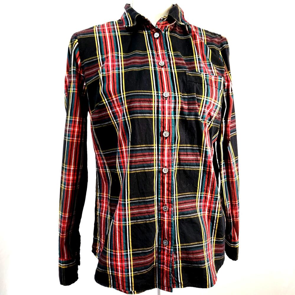 J. Crew Plaid Top Size MP Red Yellow Bluegreen on Black Button Up Style AT899